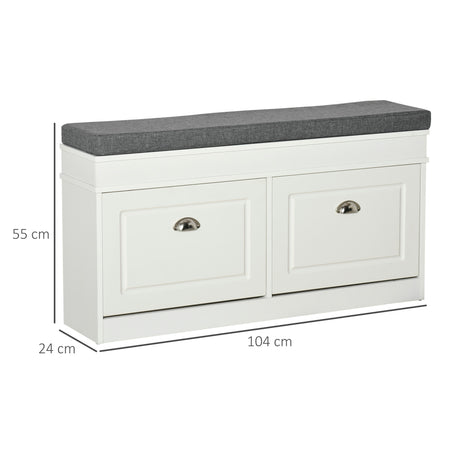 Wooden Shoe Storage Bench 104cm Wide With Cushion And 2 Flip Drawers - Velmora
