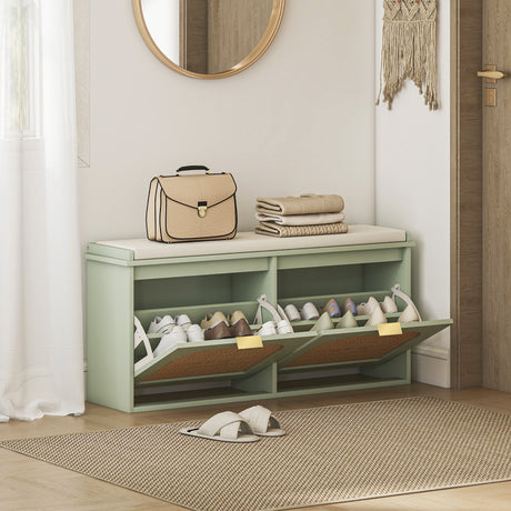 Wooden Shoe Storage Bench 104cm Wide With Cushion And Flip Drawer - Velmora
