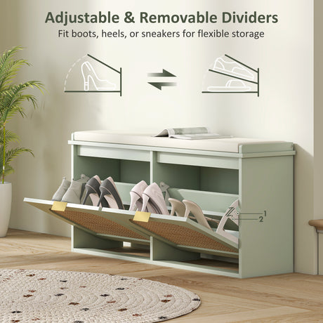 Wooden Shoe Storage Bench 104cm Wide With Cushion And Flip Drawer - Velmora