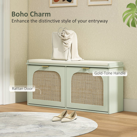 Wooden Shoe Storage Bench 104cm Wide With Cushion And Flip Drawer - Velmora