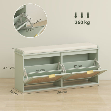 Wooden Shoe Storage Bench 104cm Wide With Cushion And Flip Drawer - Velmora