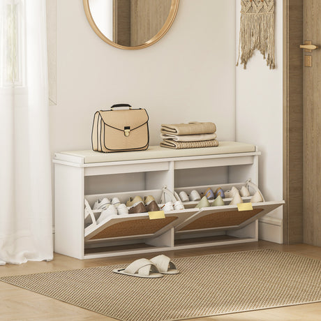 Wooden Shoe Storage Bench 104cm Wide With Cushion And Flip Drawer - Velmora