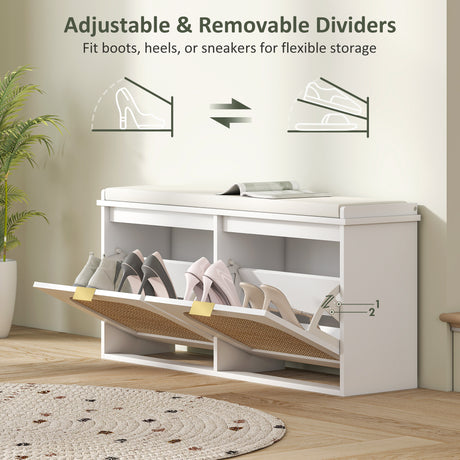 Wooden Shoe Storage Bench 104cm Wide With Cushion And Flip Drawer - Velmora