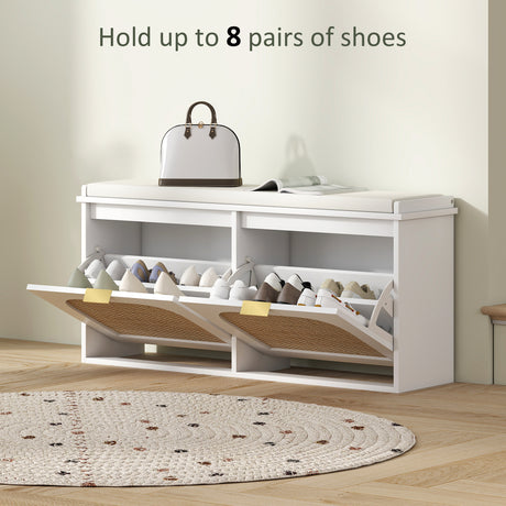 Wooden Shoe Storage Bench 104cm Wide With Cushion And Flip Drawer - Velmora