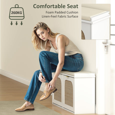 Wooden Shoe Storage Bench 104cm Wide With Cushion And Flip Drawer - Velmora