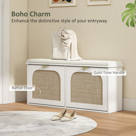 Wooden Shoe Storage Bench 104cm Wide With Cushion And Flip Drawer - Velmora