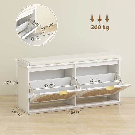 Wooden Shoe Storage Bench 104cm Wide With Cushion And Flip Drawer - Velmora