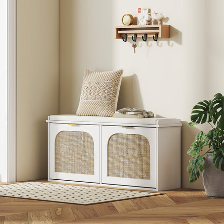 Wooden Shoe Storage Bench 104cm Wide With Cushion And Flip Drawer - Velmora