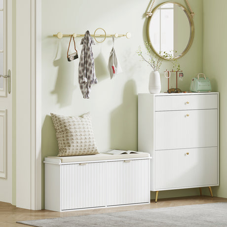 Wooden Shoe Storage Bench 104cm Wide With Cushion - Velmora