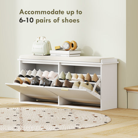 Wooden Shoe Storage Bench 104cm Wide With Cushion - Velmora