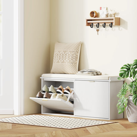 Wooden Shoe Storage Bench 104cm Wide With Cushion - Velmora