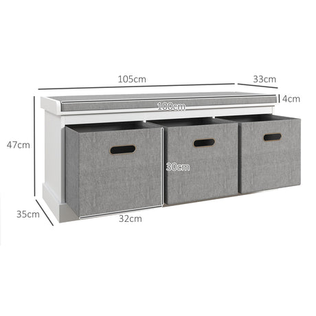 Wooden Shoe Storage Bench 105cm Wide With 3 Drawers - Velmora