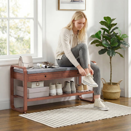 Wooden Shoe Storage Bench 105cm Wide With Cushion And 2 Drawers - Velmora
