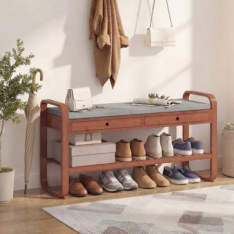 Wooden Shoe Storage Bench 105cm Wide With Cushion And 2 Drawers - Velmora