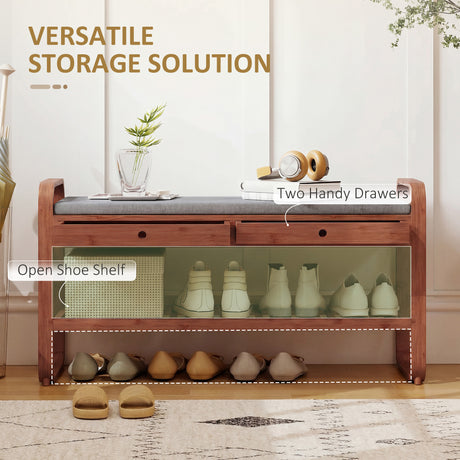 Wooden Shoe Storage Bench 105cm Wide With Cushion And 2 Drawers - Velmora