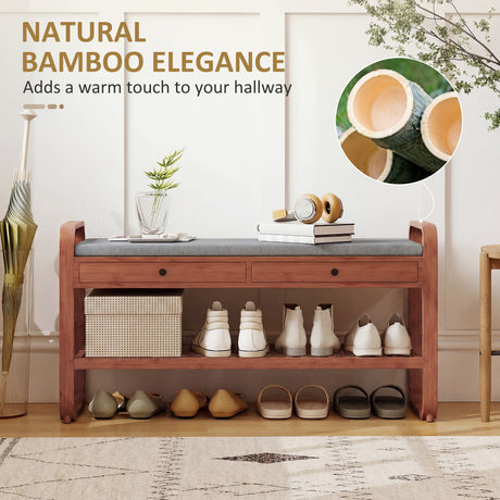 Wooden Shoe Storage Bench 105cm Wide With Cushion And 2 Drawers - Velmora