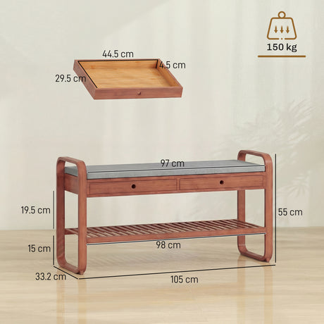 Wooden Shoe Storage Bench 105cm Wide With Cushion And 2 Drawers - Velmora