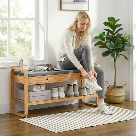 Wooden Shoe Storage Bench 105cm Wide With Cushion And 2 Drawers - Velmora