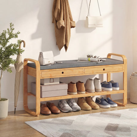 Wooden Shoe Storage Bench 105cm Wide With Cushion And 2 Drawers - Velmora