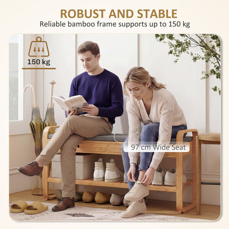 Wooden Shoe Storage Bench 105cm Wide With Cushion And 2 Drawers - Velmora