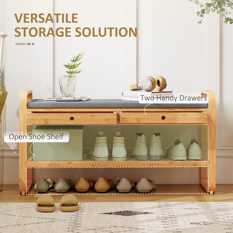 Wooden Shoe Storage Bench 105cm Wide With Cushion And 2 Drawers - Velmora
