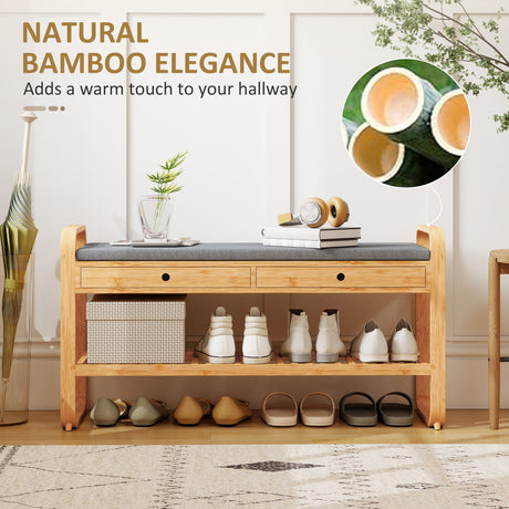 Wooden Shoe Storage Bench 105cm Wide With Cushion And 2 Drawers - Velmora