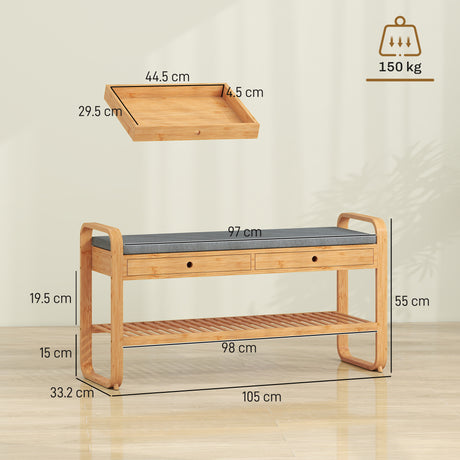 Wooden Shoe Storage Bench 105cm Wide With Cushion And 2 Drawers - Velmora