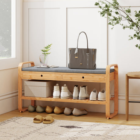 Wooden Shoe Storage Bench 105cm Wide With Cushion And 2 Drawers - Velmora