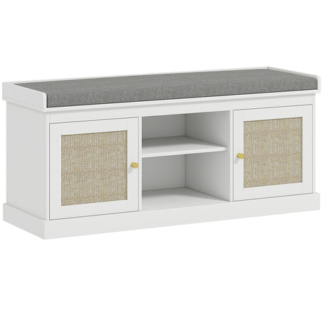Wooden Shoe Storage Bench 105cm Wide With Cushion And 2 Rattan Doors - Velmora