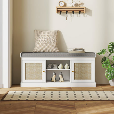 Wooden Shoe Storage Bench 105cm Wide With Cushion And 2 Rattan Doors - Velmora