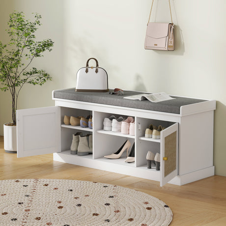 Wooden Shoe Storage Bench 105cm Wide With Cushion And 2 Rattan Doors - Velmora