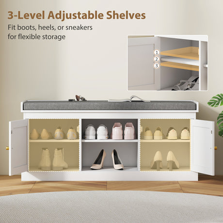 Wooden Shoe Storage Bench 105cm Wide With Cushion And 2 Rattan Doors - Velmora