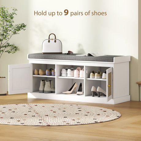 Wooden Shoe Storage Bench 105cm Wide With Cushion And 2 Rattan Doors - Velmora