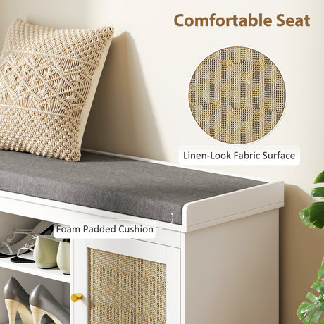 Wooden Shoe Storage Bench 105cm Wide With Cushion And 2 Rattan Doors - Velmora