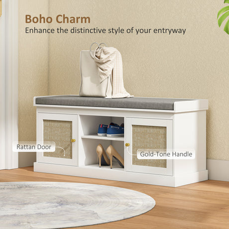 Wooden Shoe Storage Bench 105cm Wide With Cushion And 2 Rattan Doors - Velmora