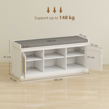 Wooden Shoe Storage Bench 105cm Wide With Cushion And 2 Rattan Doors - Velmora