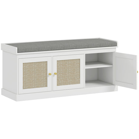 Wooden Shoe Storage Bench 105cm Wide With Cushion And 3 Rattan Doors - Velmora