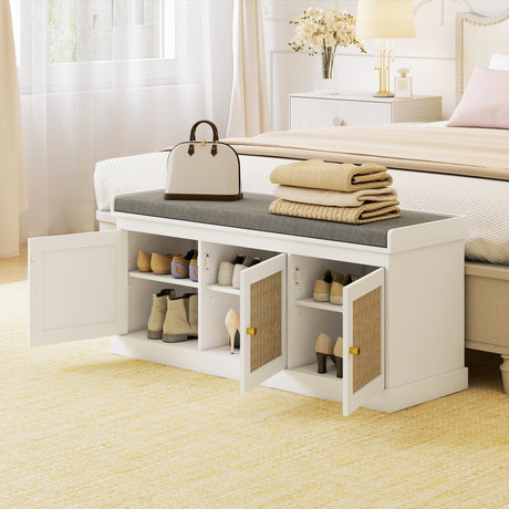 Wooden Shoe Storage Bench 105cm Wide With Cushion And 3 Rattan Doors - Velmora