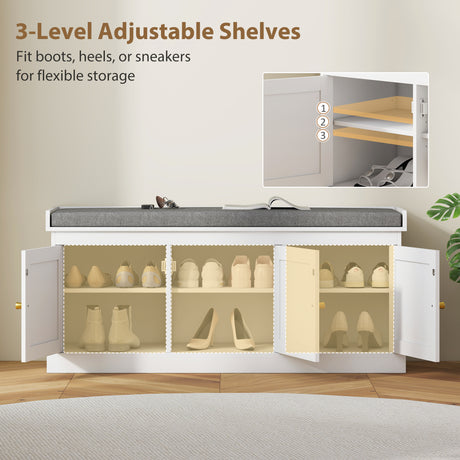 Wooden Shoe Storage Bench 105cm Wide With Cushion And 3 Rattan Doors - Velmora