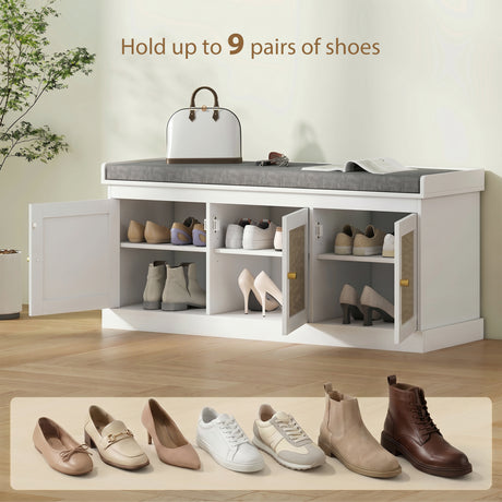 Wooden Shoe Storage Bench 105cm Wide With Cushion And 3 Rattan Doors - Velmora