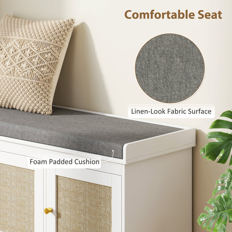 Wooden Shoe Storage Bench 105cm Wide With Cushion And 3 Rattan Doors - Velmora