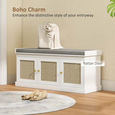 Wooden Shoe Storage Bench 105cm Wide With Cushion And 3 Rattan Doors - Velmora