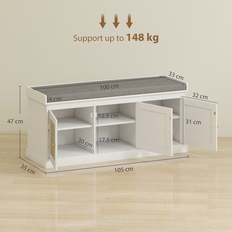 Wooden Shoe Storage Bench 105cm Wide With Cushion And 3 Rattan Doors - Velmora