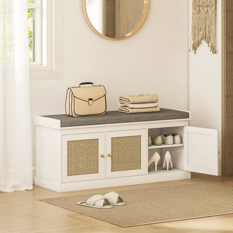 Wooden Shoe Storage Bench 105cm Wide With Cushion And 3 Rattan Doors - Velmora