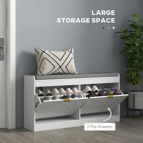 Wooden Shoe Storage Bench 106cm Wide With Flip Drawer - Velmora