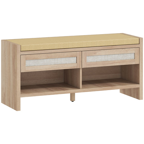 Wooden Shoe Storage Bench 108cm Wide Cushion And 2 Drawers - Velmora