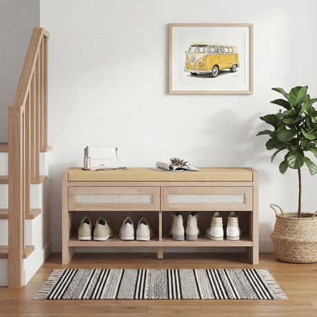 Wooden Shoe Storage Bench 108cm Wide Cushion And 2 Drawers - Velmora