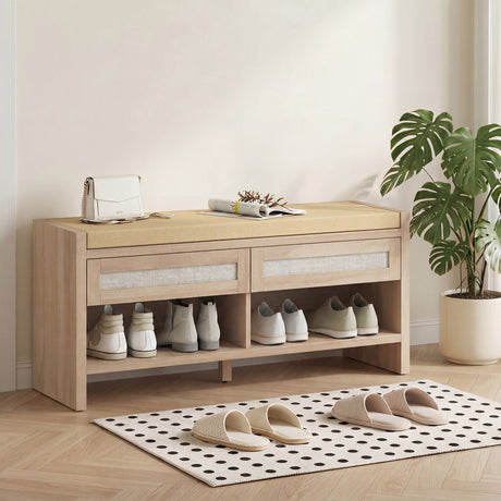 Wooden Shoe Storage Bench 108cm Wide Cushion And 2 Drawers - Velmora