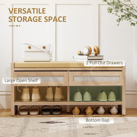 Wooden Shoe Storage Bench 108cm Wide Cushion And 2 Drawers - Velmora