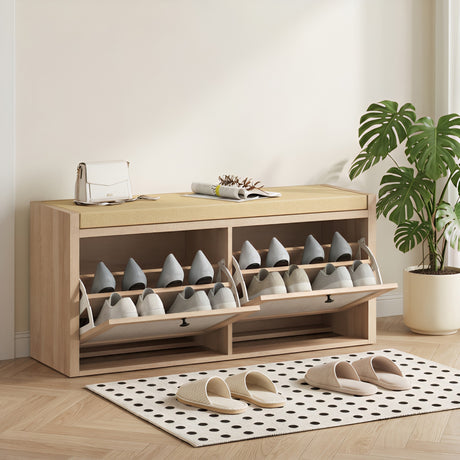 Wooden Shoe Storage Bench 108cm Wide With 2 Flip Drawers - Velmora